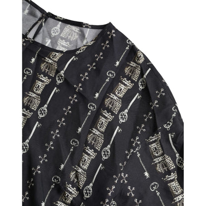 Dolce & Gabbana Black Key Castle Print Silk Blouse T-shirt