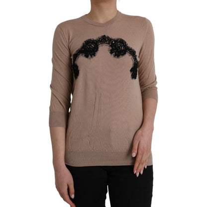 Dolce & Gabbana Brown Wool Black Lace 3/4 Sleeve Blouse Top