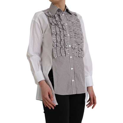 Dolce & Gabbana White Stripes Cotton Long Sleeves Ruffle Collar Top