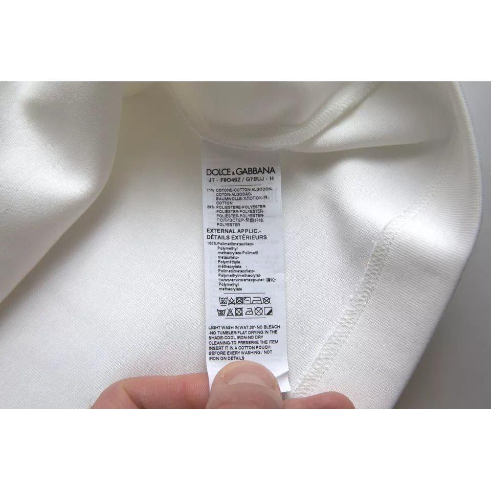 Dolce & Gabbana White Cotton Stretch Black HOT Crystal T-shirt