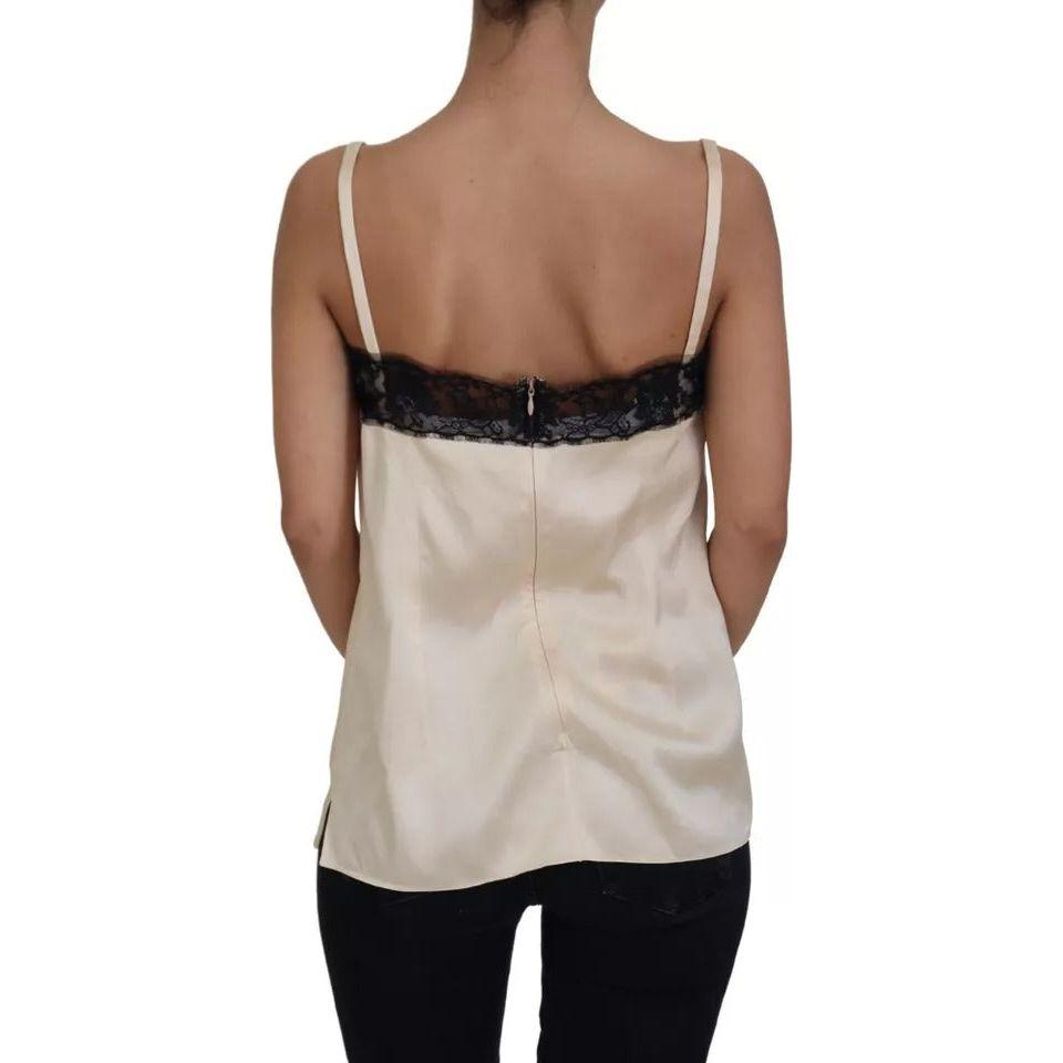 Dolce & Gabbana Beige Lace Spaghetti Logo Embroidery Top