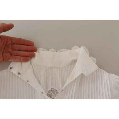 Dolce & Gabbana White Cotton Lace Trim Turtle Neck Blouse Top