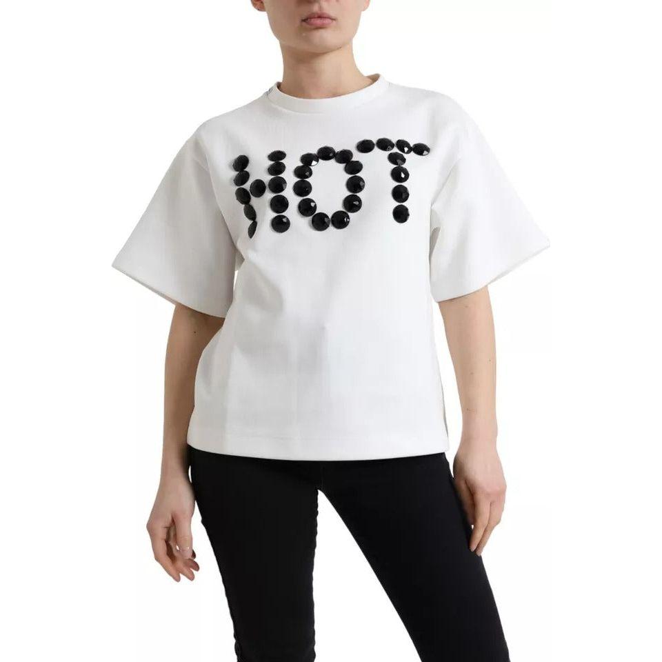 Dolce & Gabbana White Cotton Stretch Black HOT Crystal T-shirt