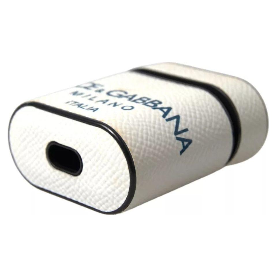 Dolce & Gabbana White Blue Calf Leather Logo Print Strap Airpods Case