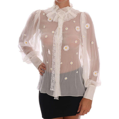 Dolce & Gabbana White Daisy Applique Silk Shirt