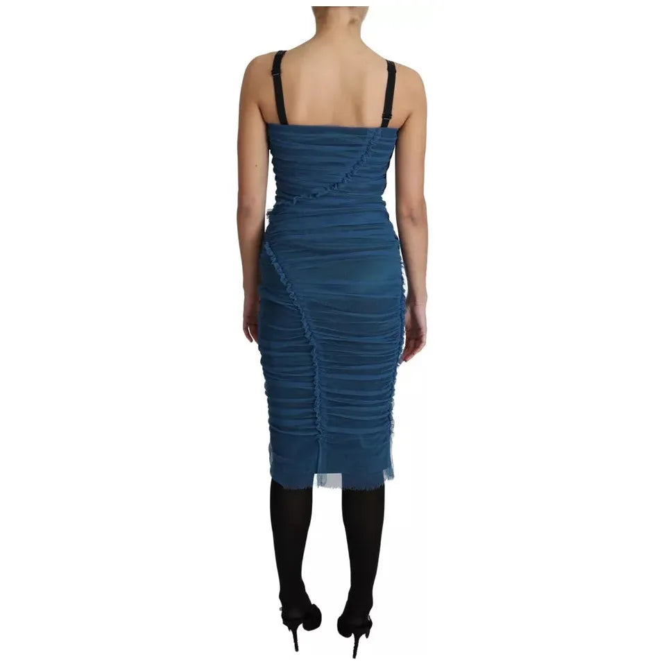 Dolce & Gabbana Blue Draped Tulle Midi Sheath Cotton Dress