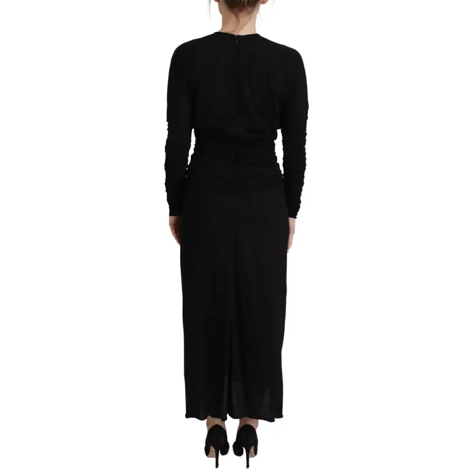 Dolce & Gabbana Black Sheath Midi Gown Wool Wrap Dress