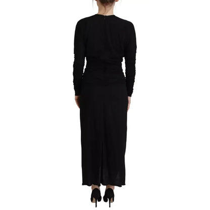 Dolce & Gabbana Black Sheath Midi Gown Wool Wrap Dress