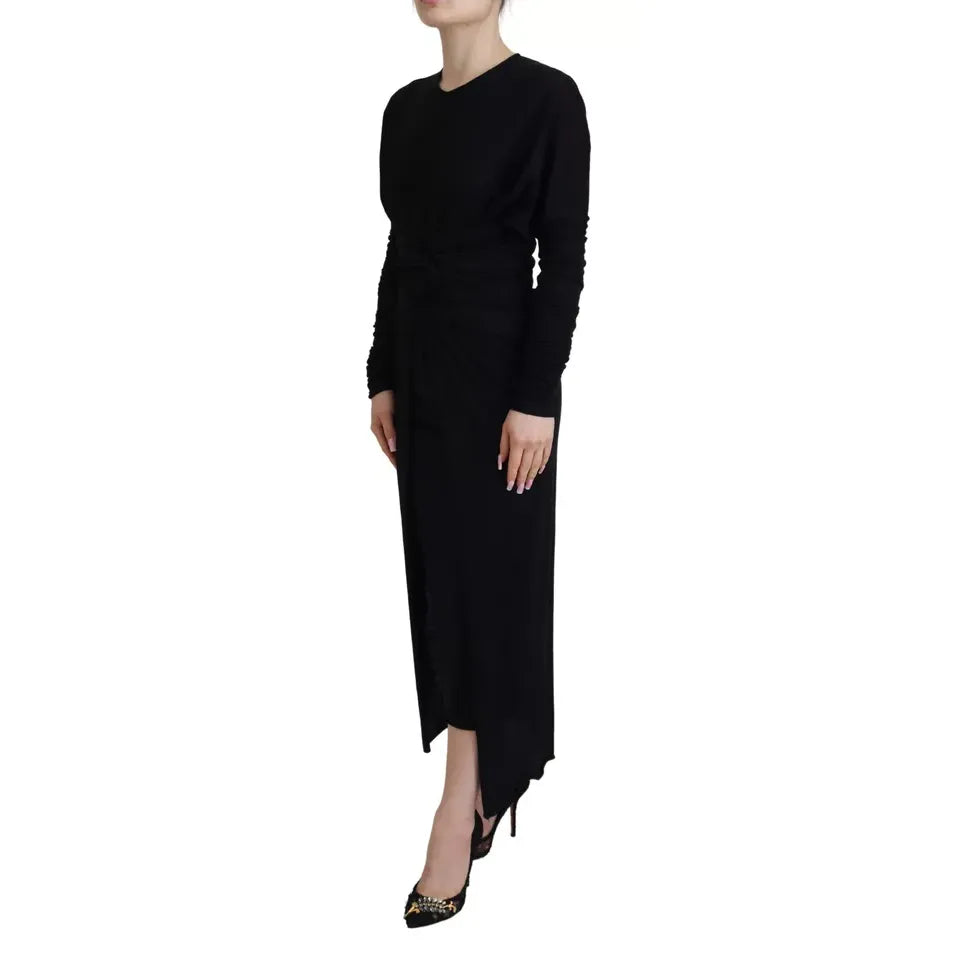 Dolce & Gabbana Black Sheath Midi Gown Wool Wrap Dress