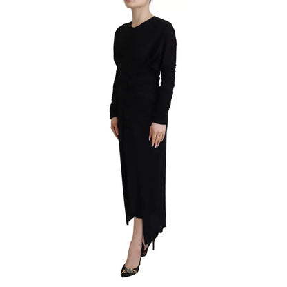 Dolce & Gabbana Black Sheath Midi Gown Wool Wrap Dress