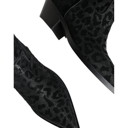Dolce & Gabbana Black Gray Leopard Cowboy Boots Shoes