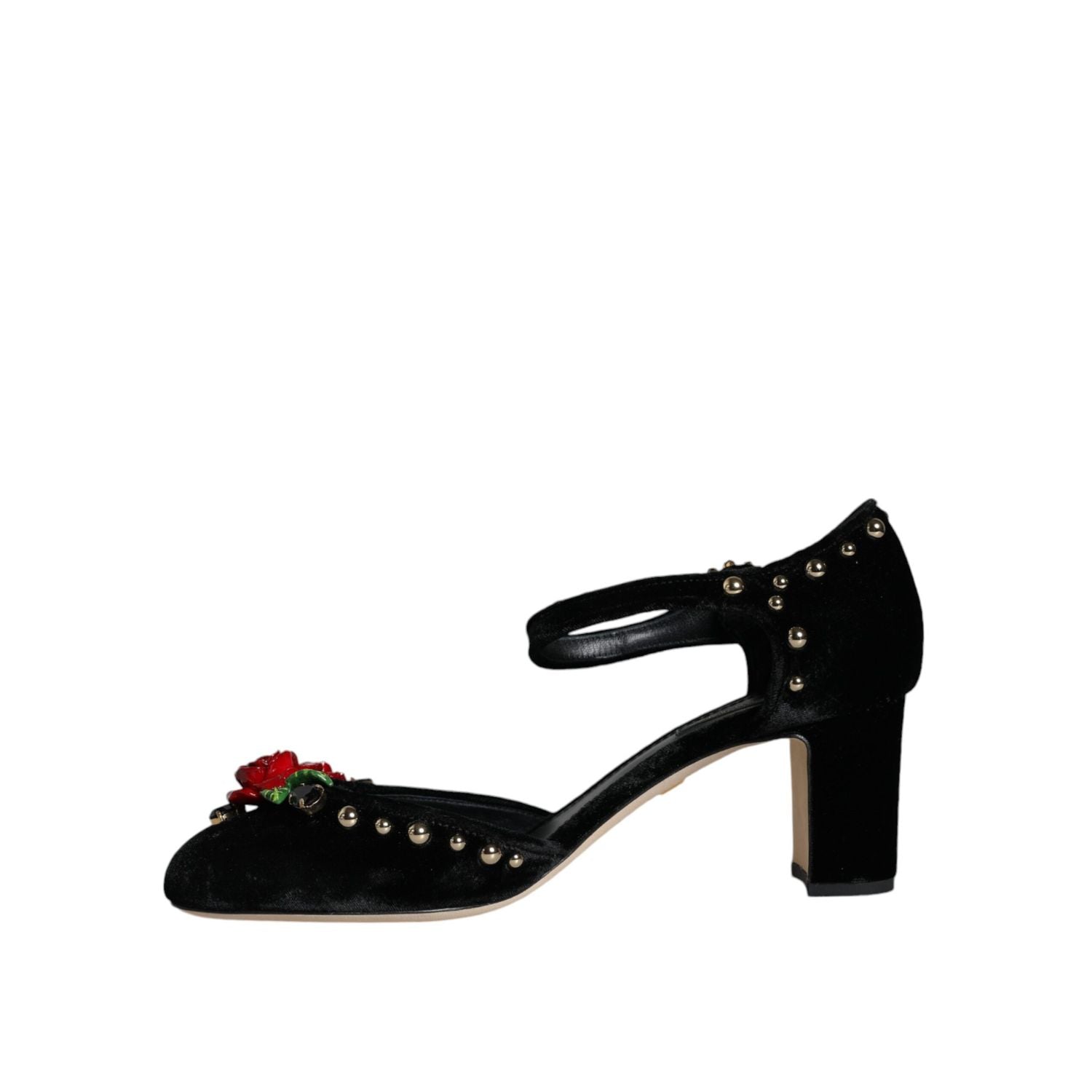 Dolce & Gabbana Black Velvet Roses Ankle Strap Pumps Shoes