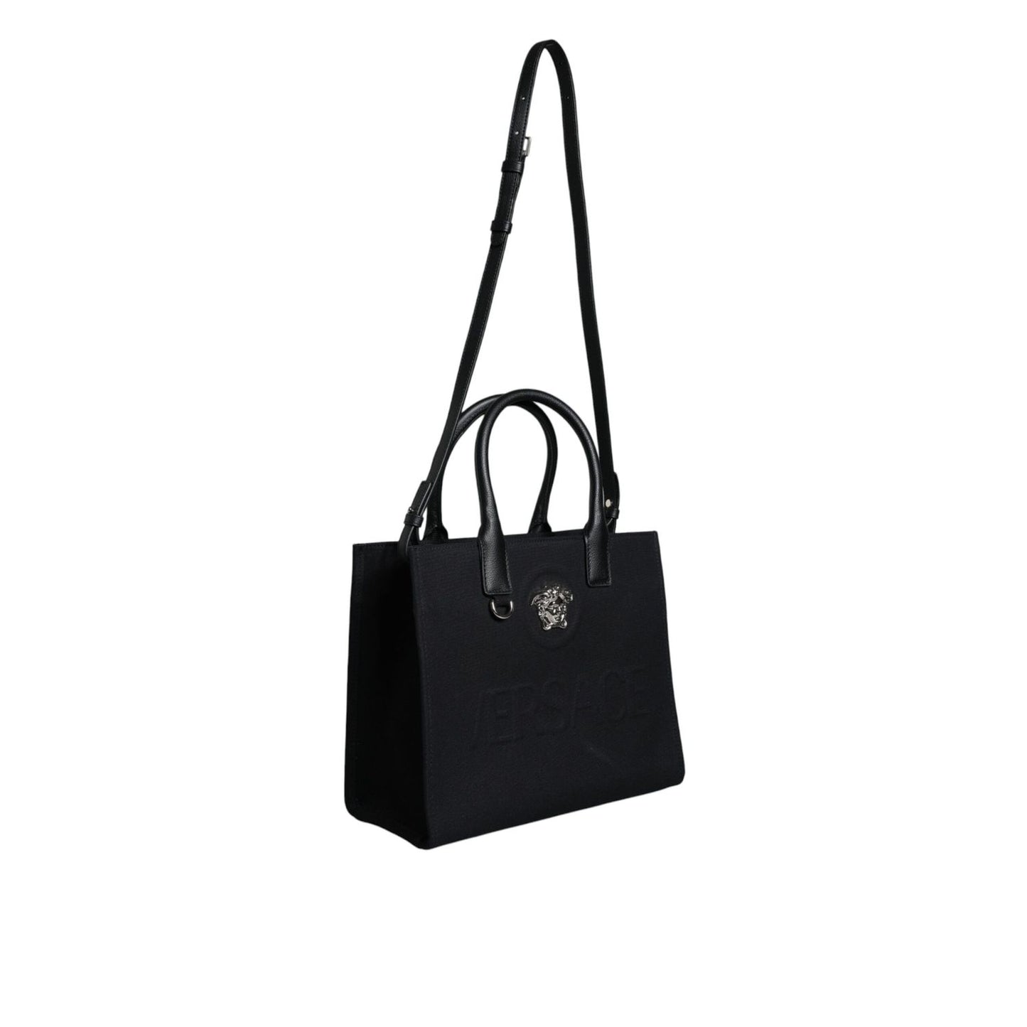 Versace Black Top Handle Canvas Leather Logo Crossbody Tote Bag
