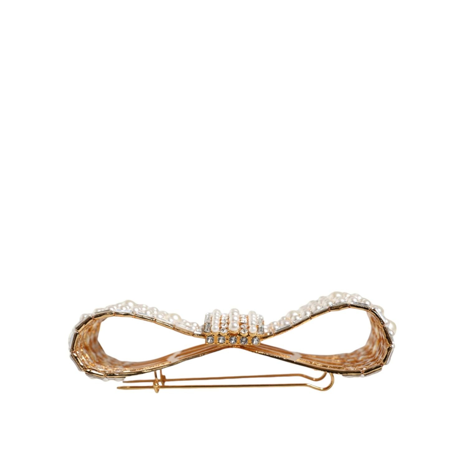 Dolce & Gabbana Gold Tone Brass Bow Crystal FauxPearl Embellished Brooch