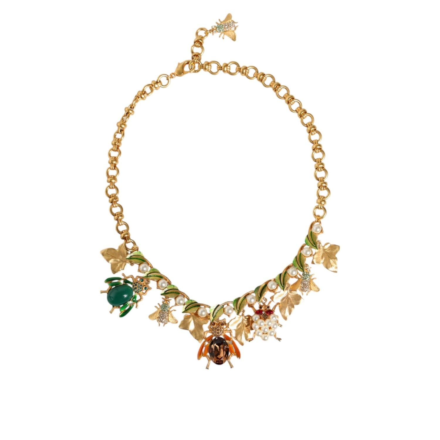 Dolce & Gabbana Gold Brass Crystal Bug Charm Pendant Statement Necklace