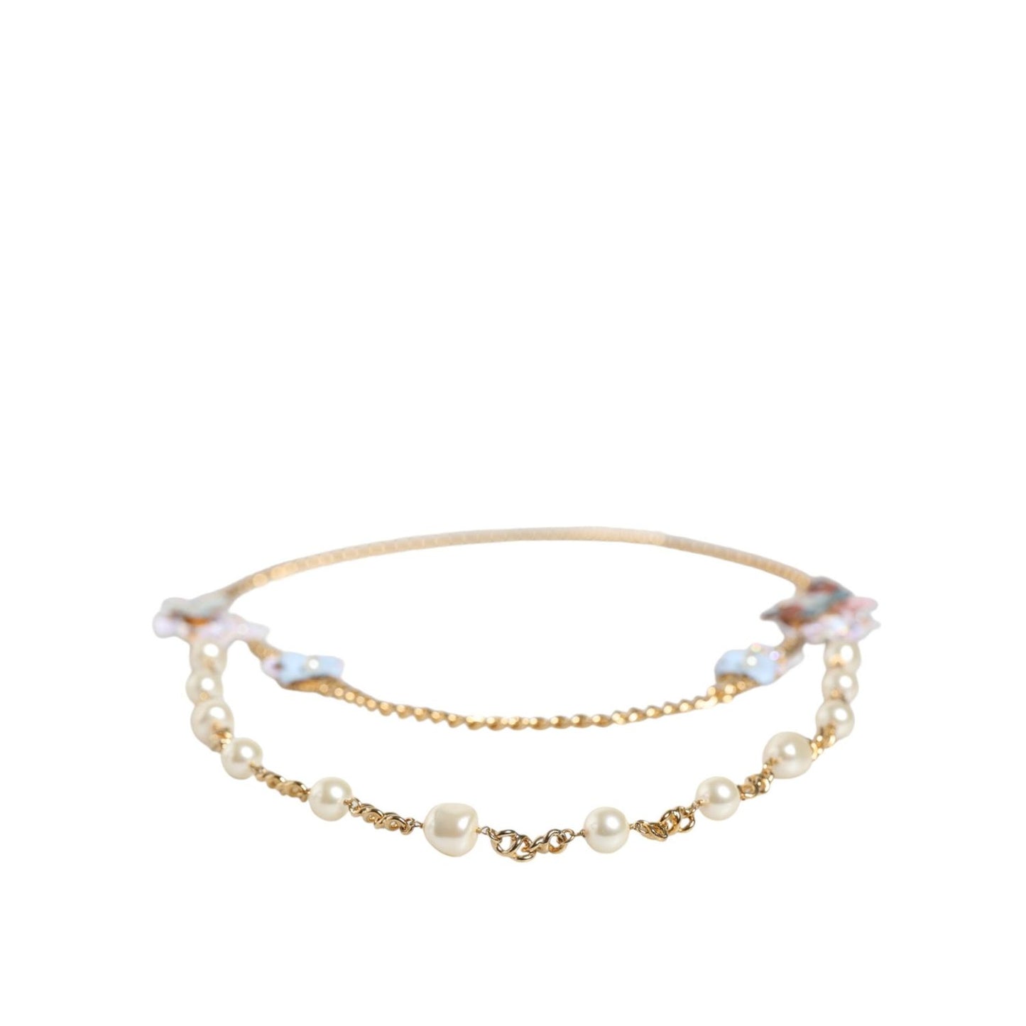 Dolce & Gabbana Gold Chain Brass Floral Layered Crystal Pearl Necklace