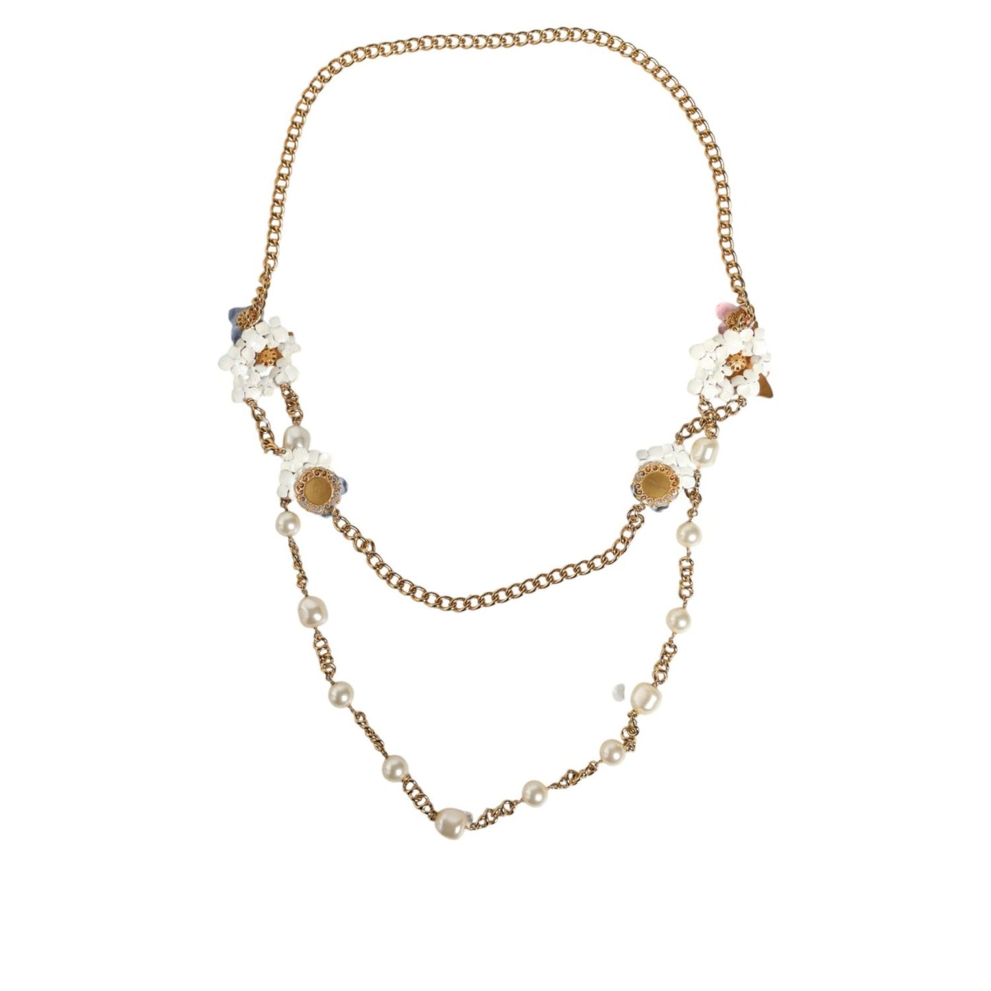 Dolce & Gabbana Gold Chain Brass Floral Layered Crystal Pearl Necklace