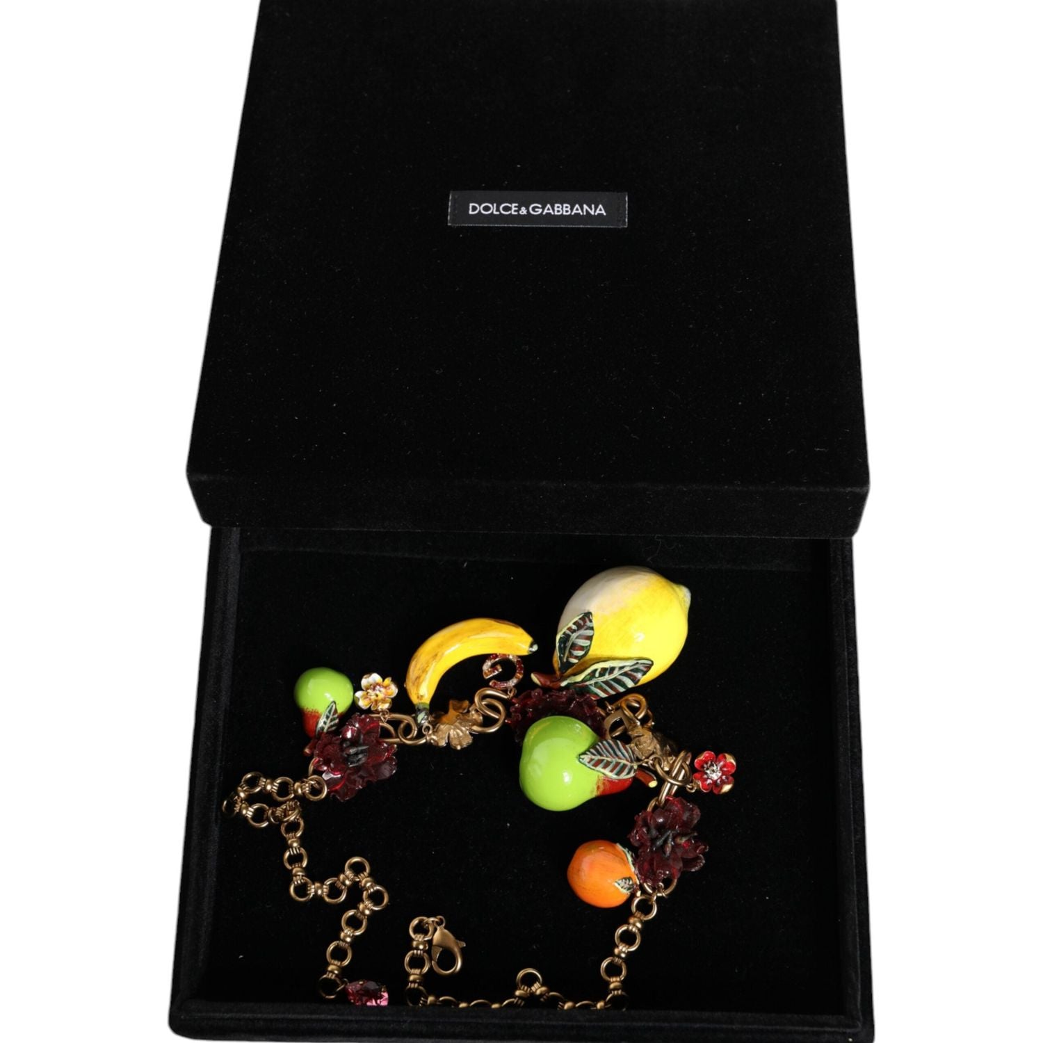 Dolce & Gabbana Gold Brass FRUIT Pendants Flowers Crystal Logo Necklace