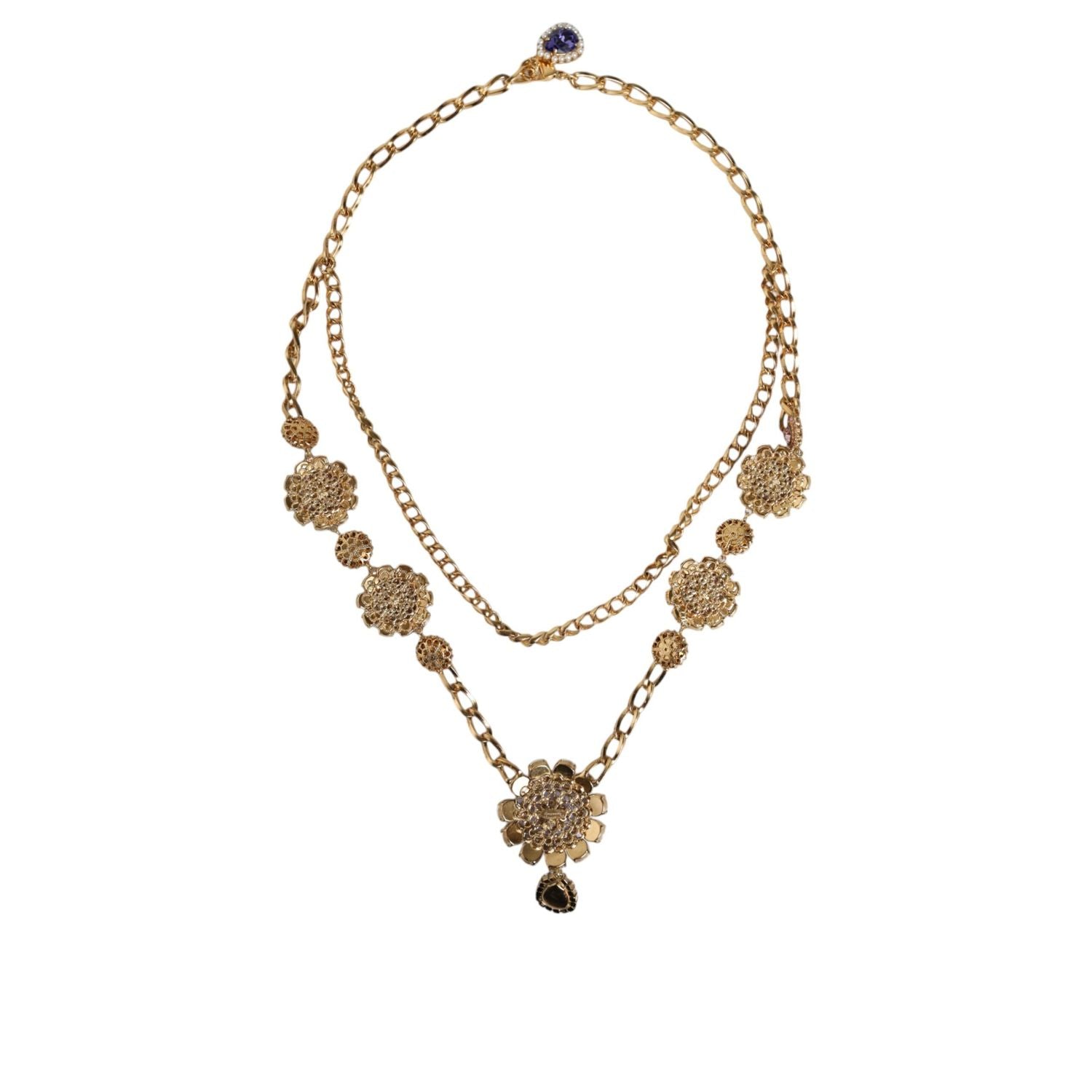 Dolce & Gabbana Gold Tone Floral Crystals Embellished Layered Necklace