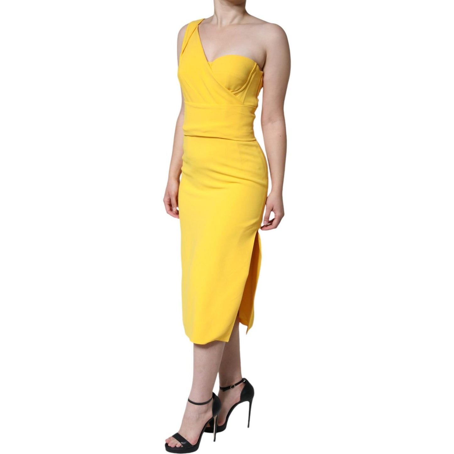 Dolce & Gabbana Yellow One Shoulder Side Slit Midi Dress