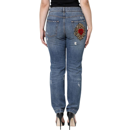 Dolce & Gabbana Blue Cotton Tattered Boyfriend Denim Jeans