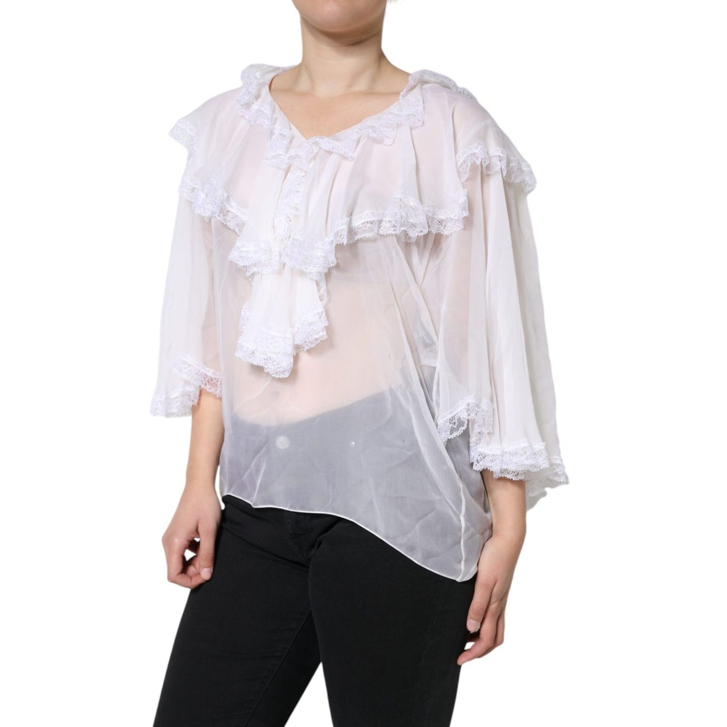 Dolce & Gabbana White Ruffles Lace Long Sleeve Blouse Top
