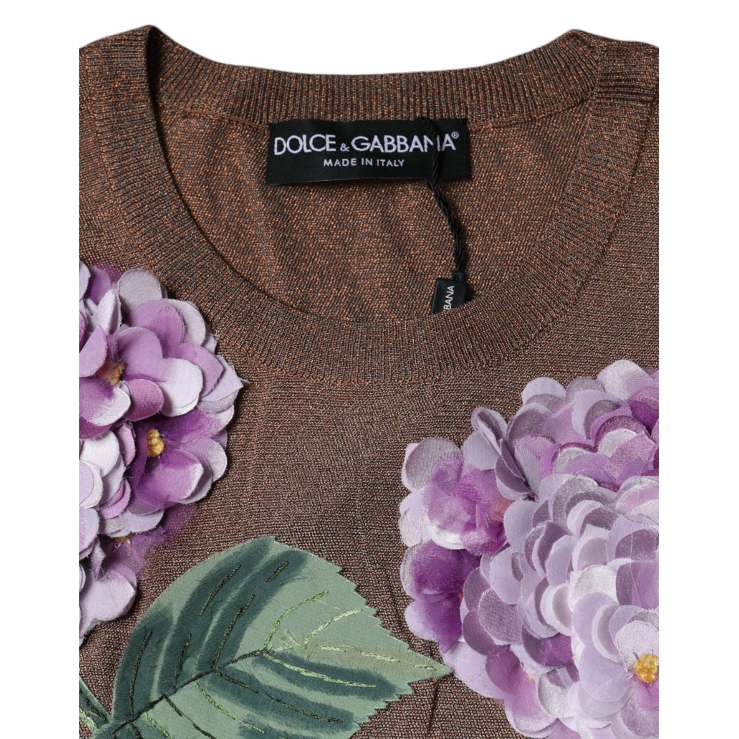 Dolce & Gabbana Brown Floral Applique Viscose Short Sleeve Top