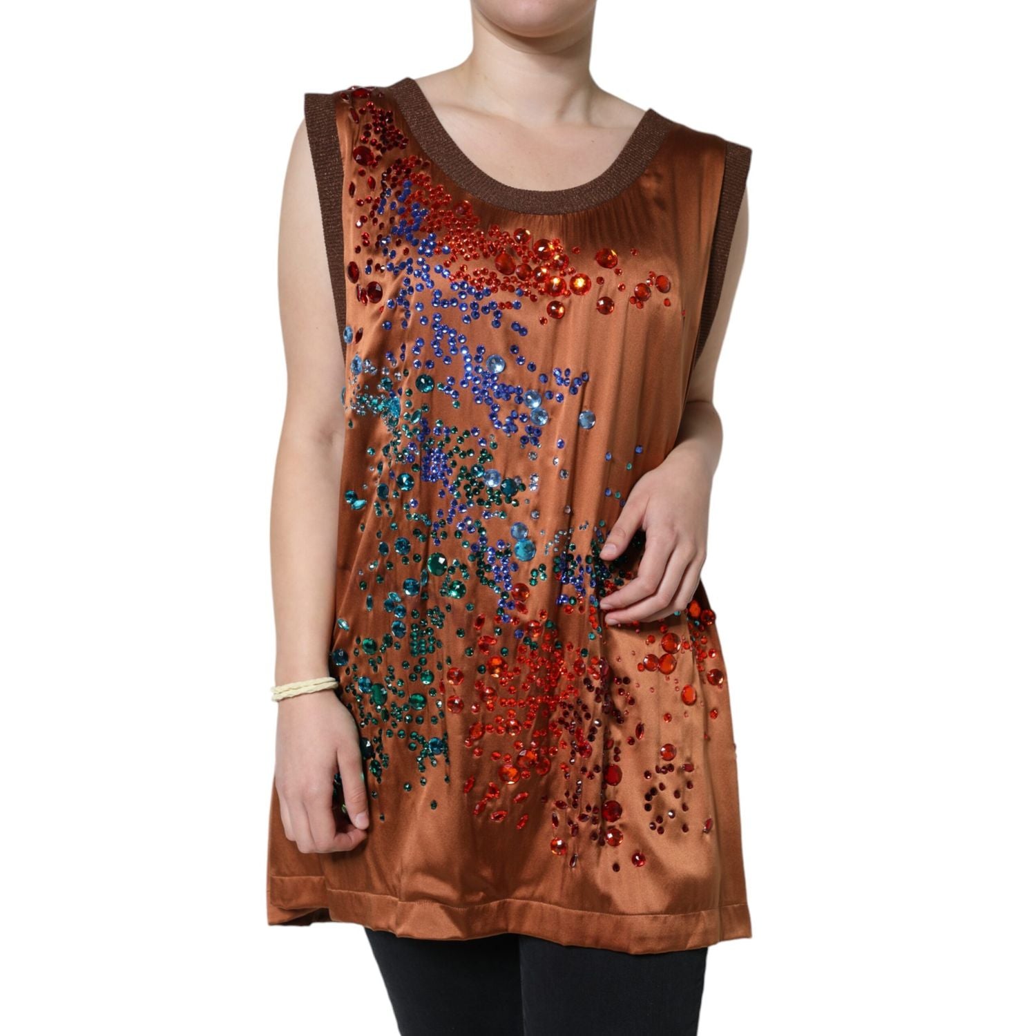 Dolce & Gabbana Brown Crystal Embellished Sleeveless Tank Top