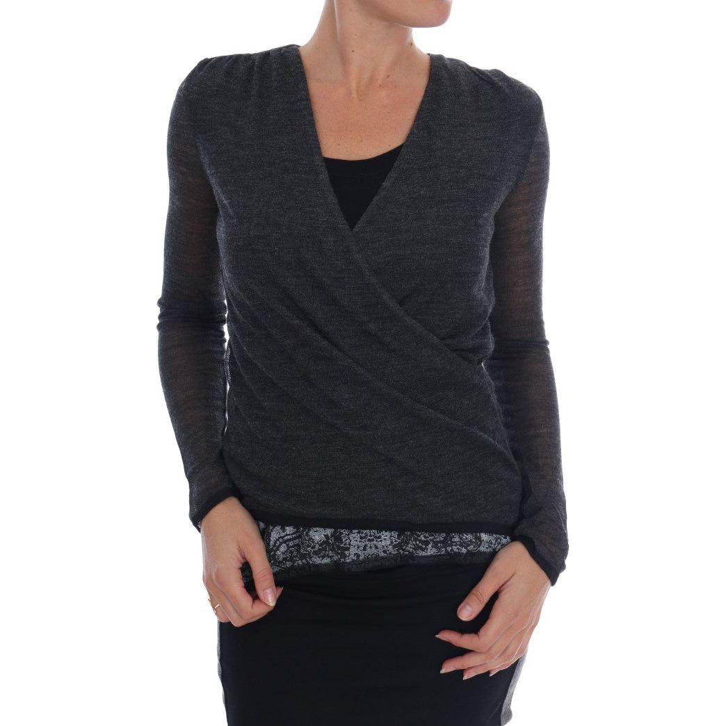 Ermanno Scervino Gray Wool Lace Top Long Sleeved T-shirt