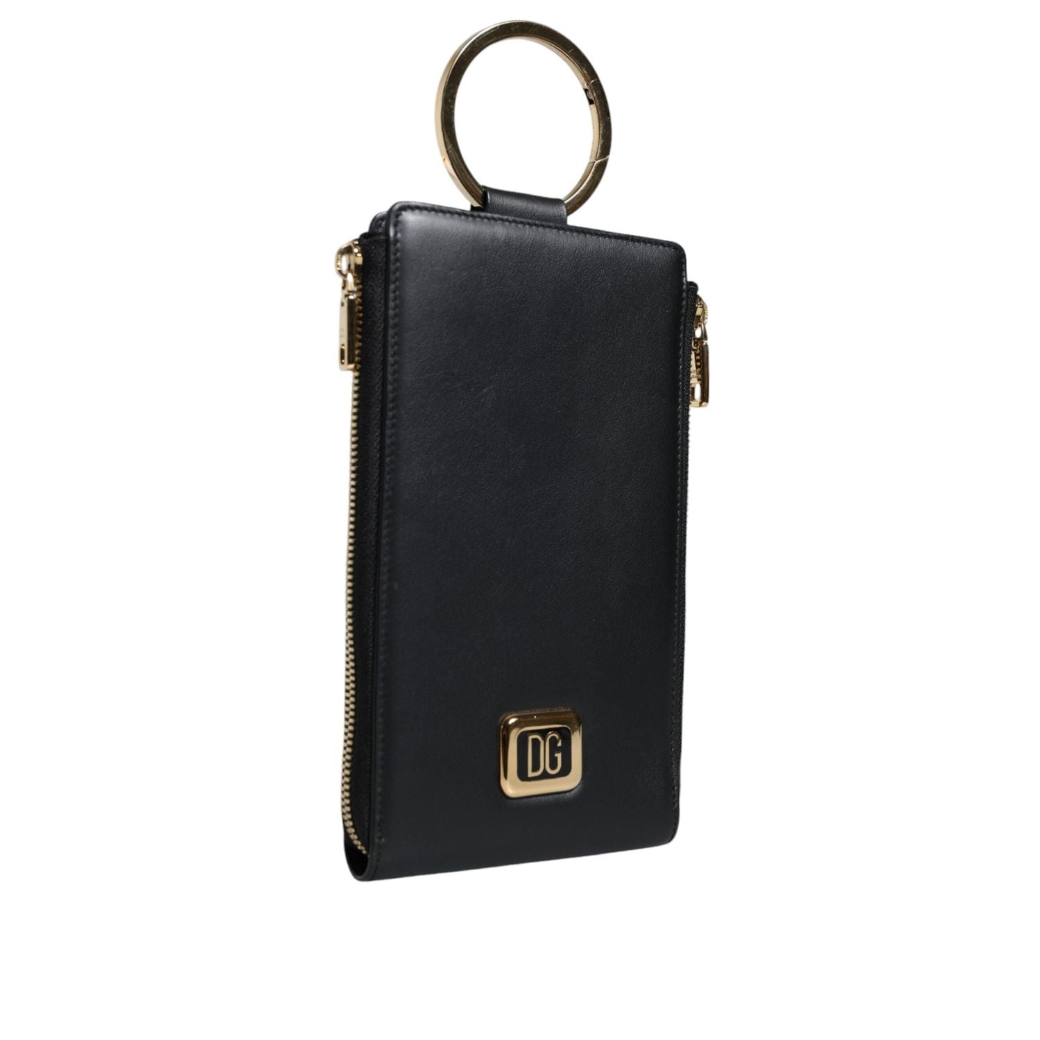 Dolce & Gabbana Black Leather Logo Plaque Neck Strap Card Coin Wallet