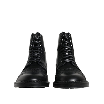 Dolce & Gabbana Black Leather Lace Up Mid Calf Boots Shoes
