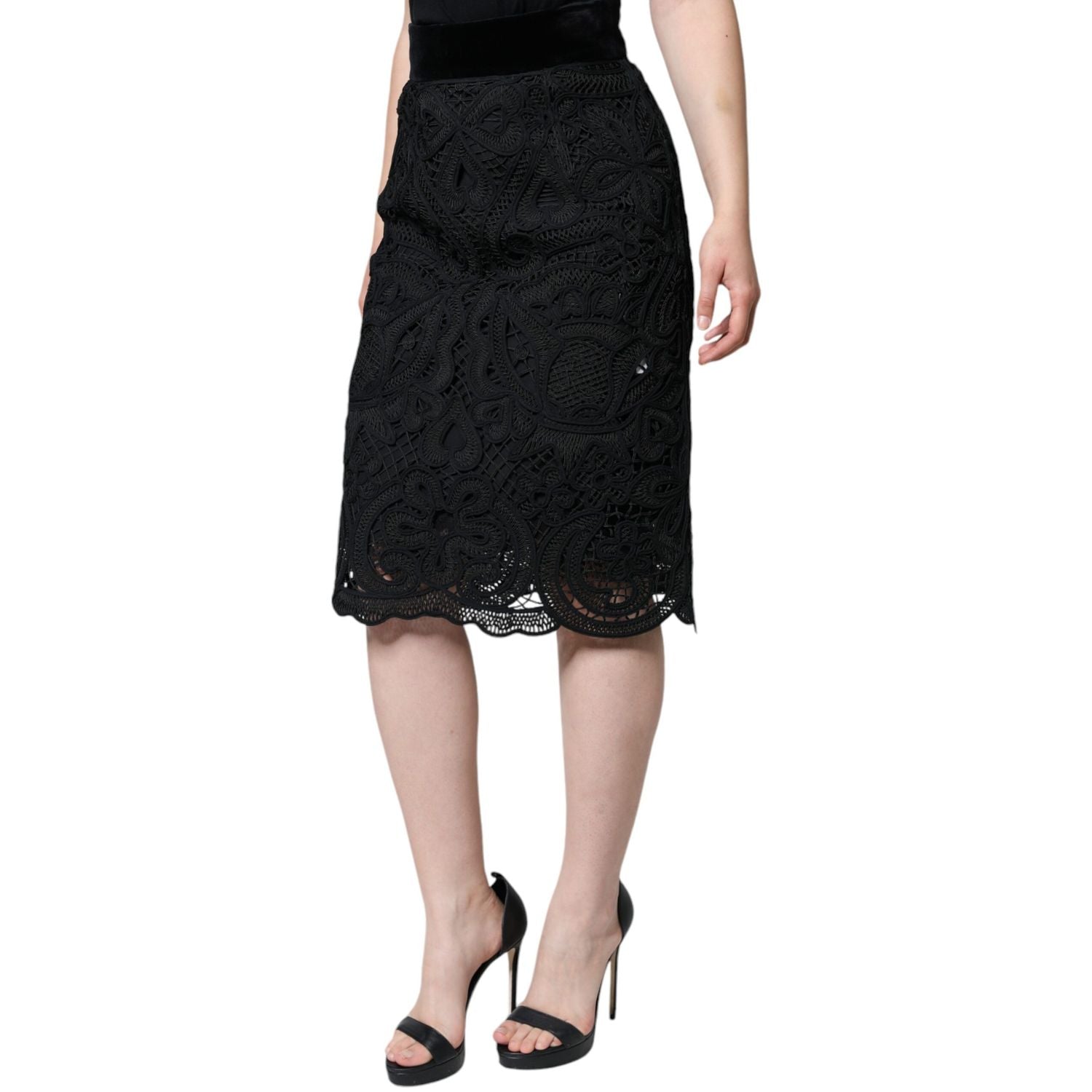 Dolce & Gabbana Black Floral Lace High Waist Pencil Cut Skirt