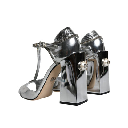 Dolce & Gabbana Silver Leather T-strap Heels Sandals Shoes