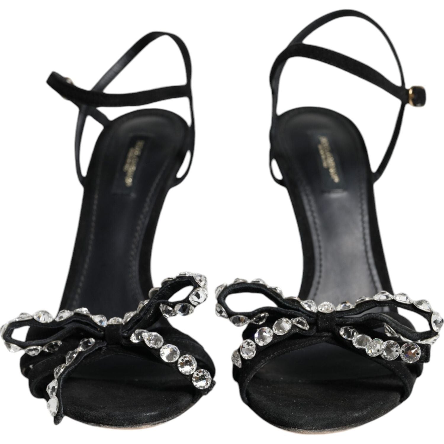 Dolce & Gabbana Black Leather Crystal Bow Heels Sandals Shoes