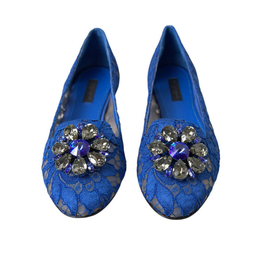 Dolce & Gabbana Blue Lace Crystal Ballet Flats Loafers Shoes