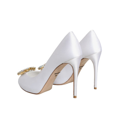 Dolce & Gabbana White Crystals Peep Toe Satin Pumps Shoes