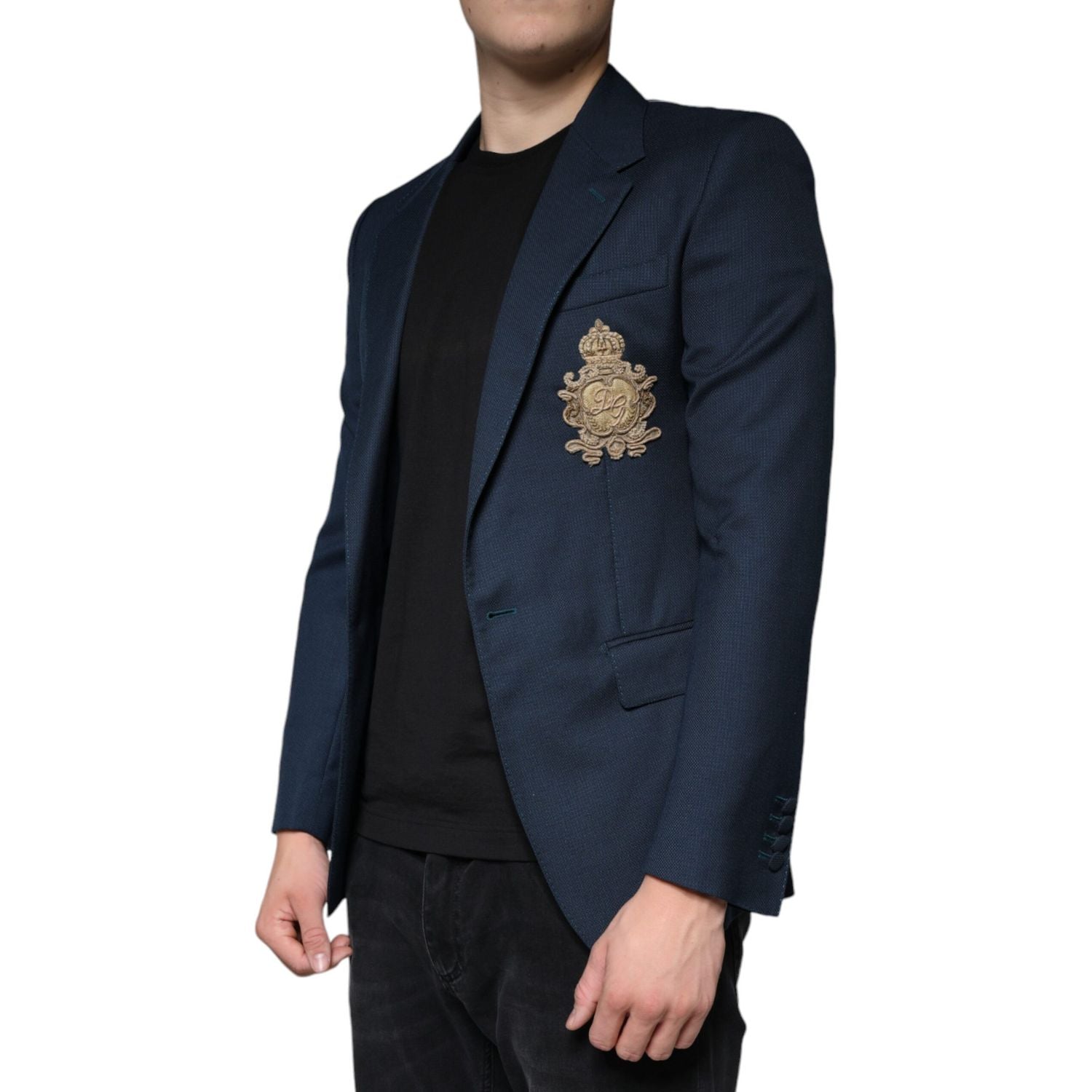 Dolce & Gabbana Blue Wool Logo Single Breasted Coat Blazer