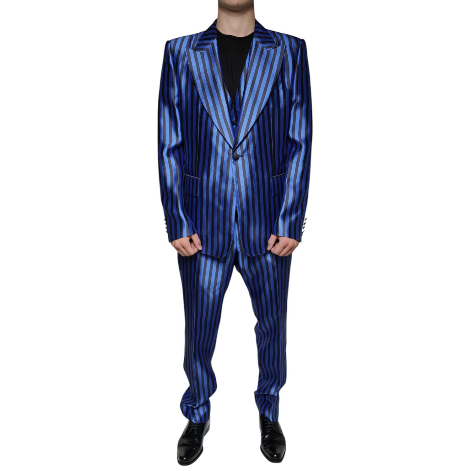 Dolce & Gabbana Metallic Blue Stripes Formal 3 Piece Suit