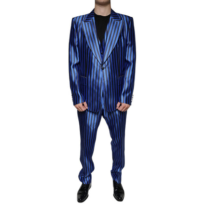 Dolce & Gabbana Metallic Blue Stripes Formal 3 Piece Suit