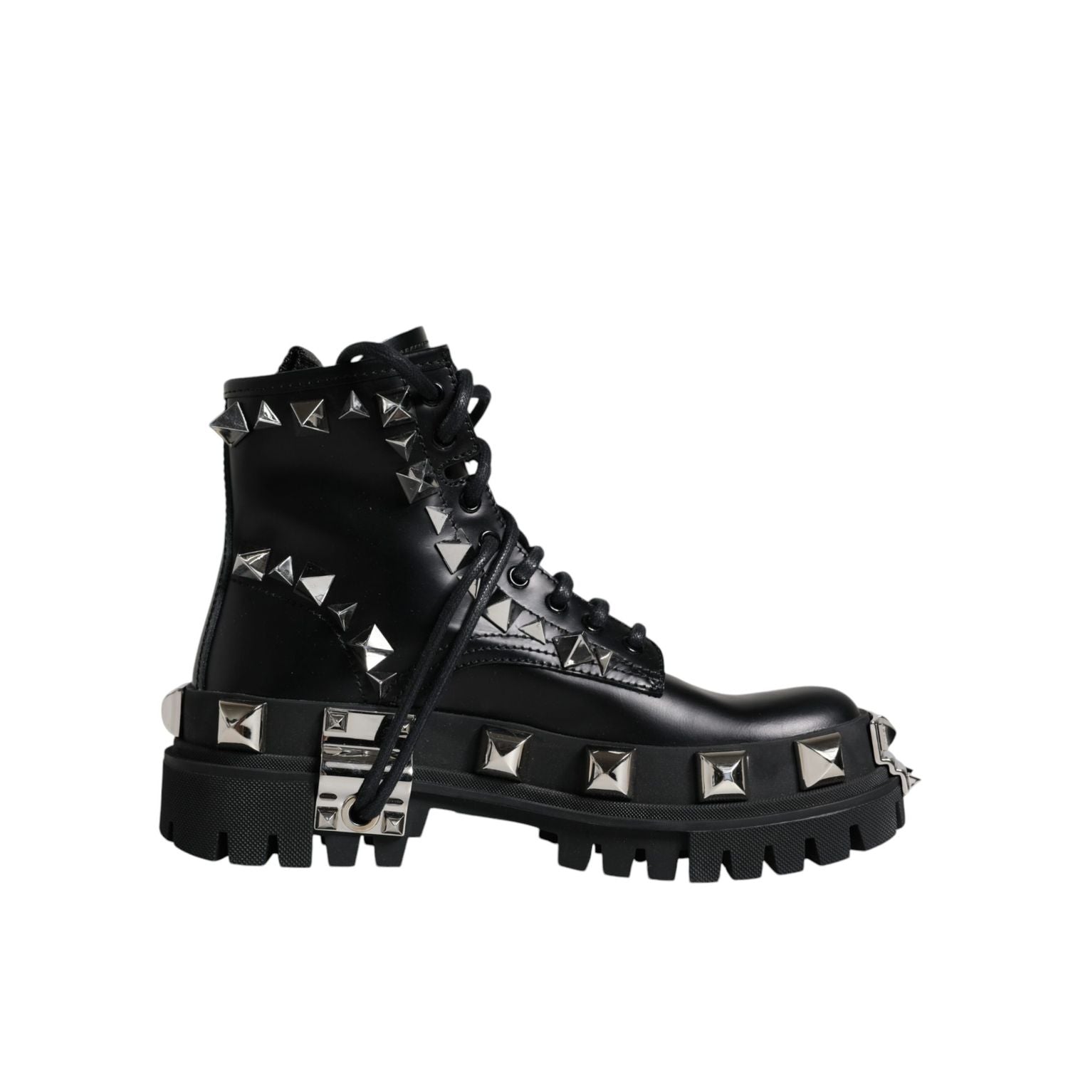 Dolce & Gabbana Black Leather Studded Trekking Boots Shoes