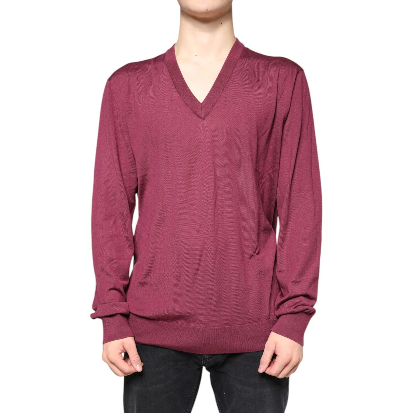 Dolce & Gabbana Maroon Cashmere V-neck Men Pullover Sweater