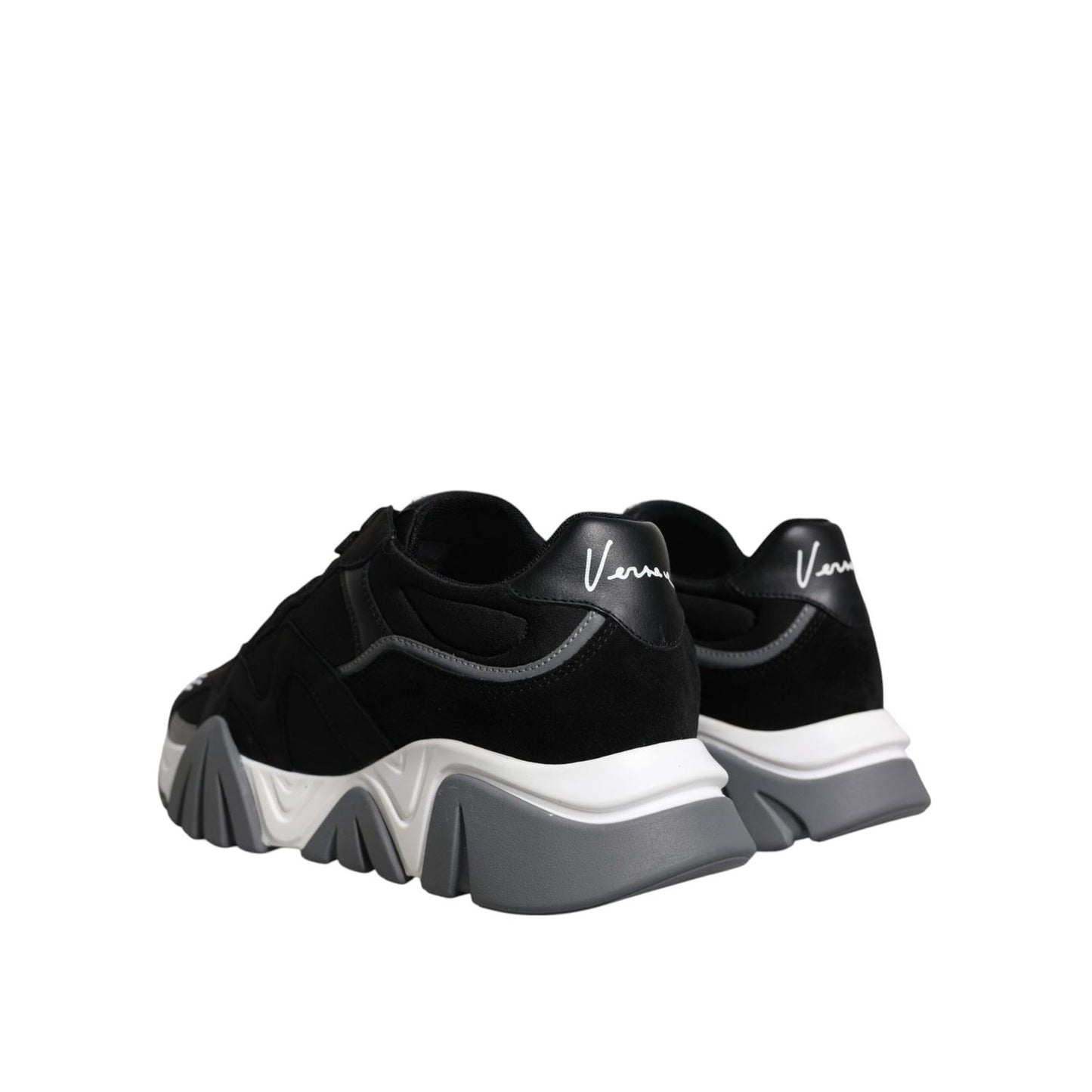 Versace Black Leather Neoprene Chunky Low Top Sneakers Squalo Shoes