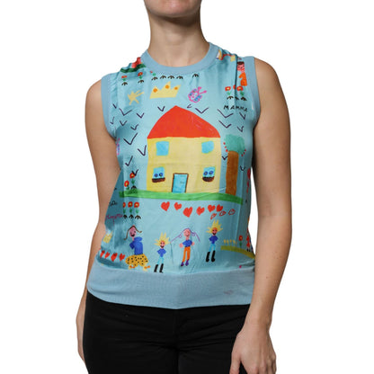 Dolce & Gabbana Blue Drawing Cashmere Sleeveless Tank Top
