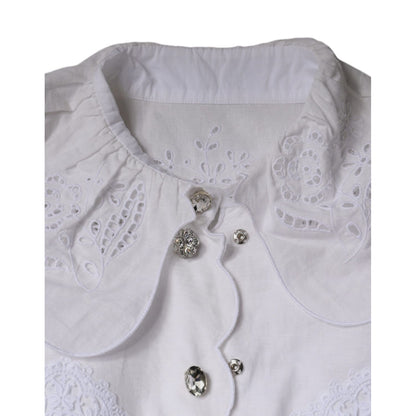 Dolce & Gabbana White Cotton Lace Trim Collared Blouse Top