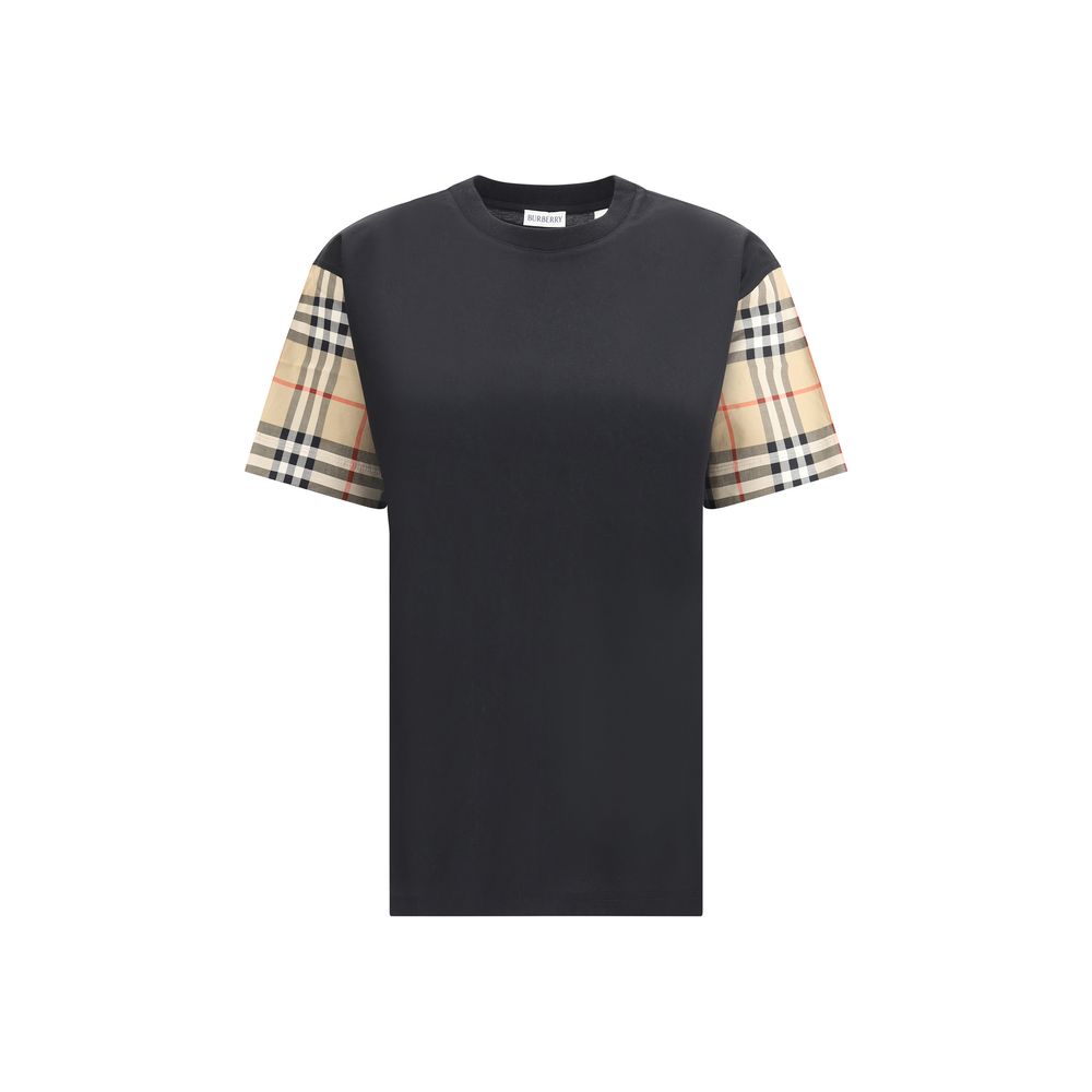 Burberry Black Cotton T-Shirt with Archivio Check sleeves, stylish contrast in design.