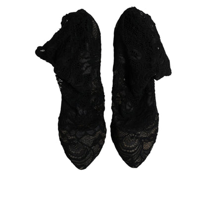 Dolce & Gabbana Black Lace Stretch Heels Mid Calf Boots Shoes