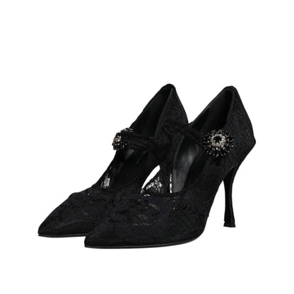Dolce & Gabbana Black Lace Crystals Mary Jane Pumps Shoes