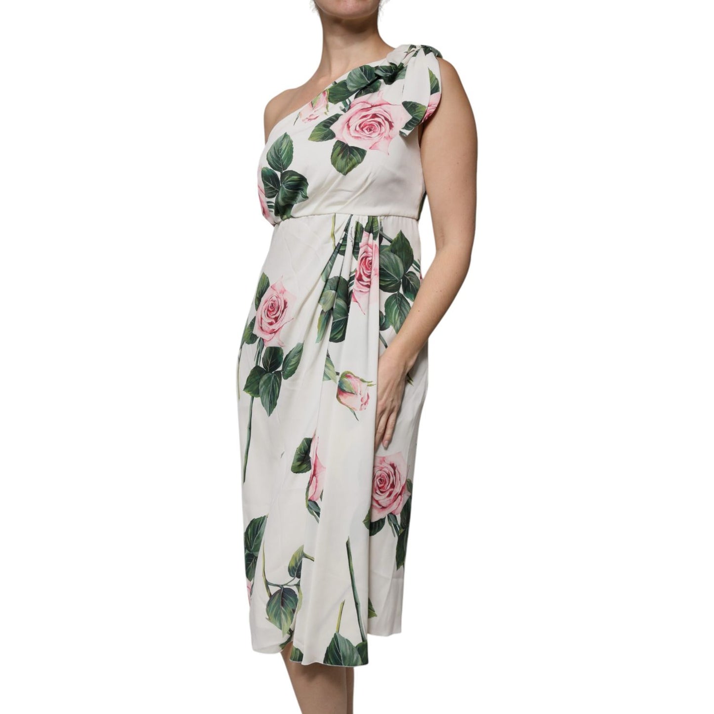 Dolce & Gabbana White Floral Silk One Shoulder Midi Dress