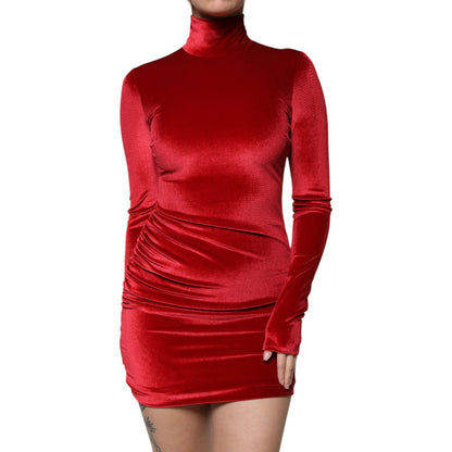 Dolce & Gabbana Red Velvet Long Sleeves Bodycon Mini Dress