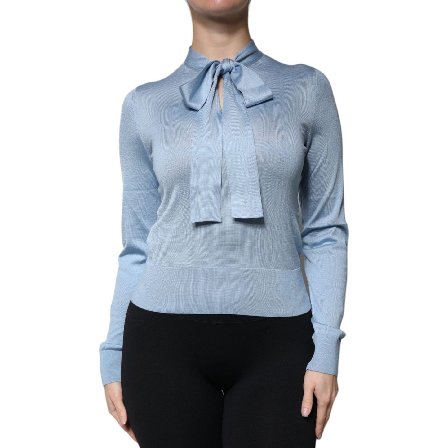 Dolce & Gabbana Blue Silk Knit Pullover Ascot Collar Top